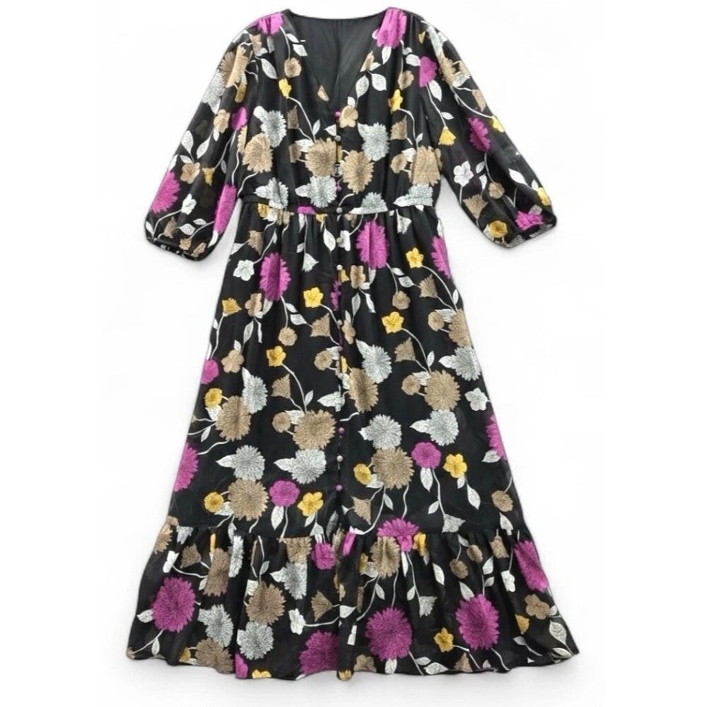 Lane Bryant Womens V Neck Button Front Maxi Dress Black Floral Lined Size 18 NWT